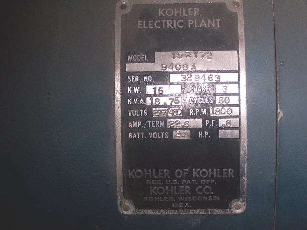 KOHLER 15 KW LP GAS USED GENSET