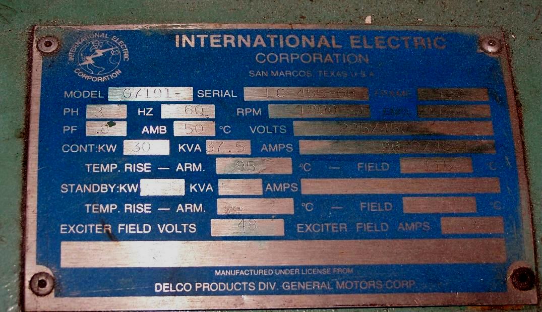 International electric 30kw 1200 RPM 37.5 KVA Continuous Gens End