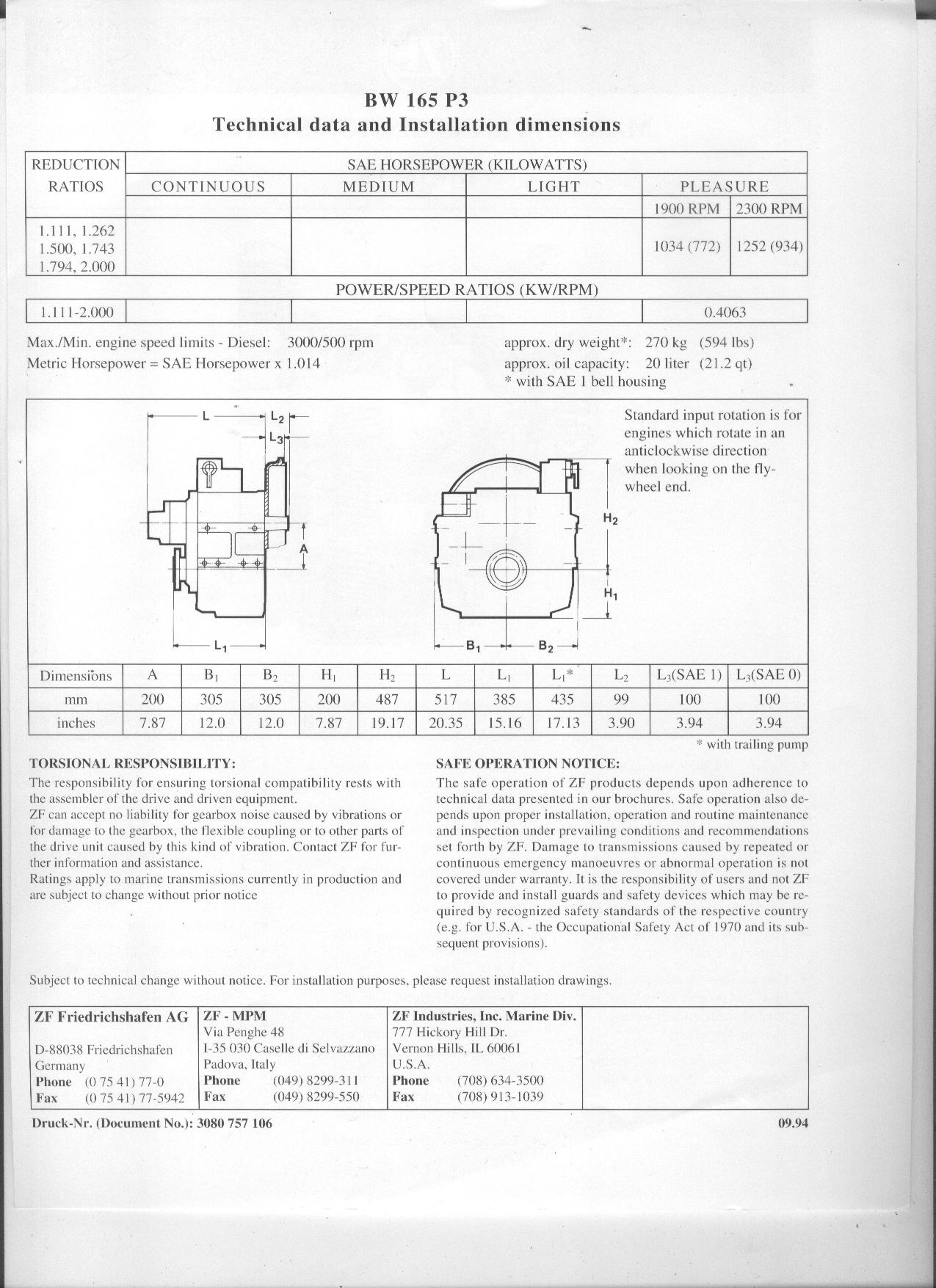 ZF BW165P3 REBUILT MARINE TRANSMISSIONS