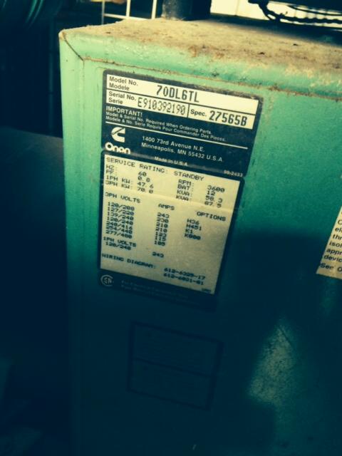 Cummins 70DL6TL Cummins/Onan ind gen set