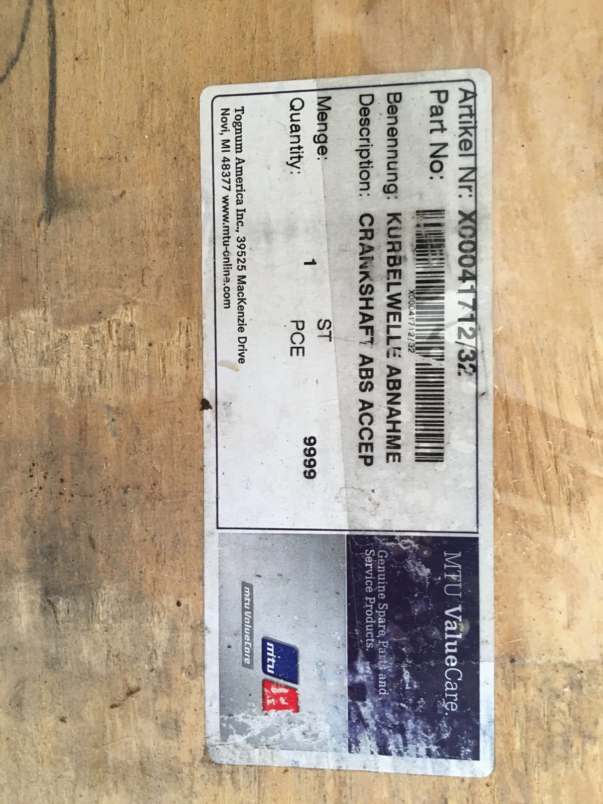 Miscellaneous  MTU 12V-2000 crankshaft  Part #X0004171232  