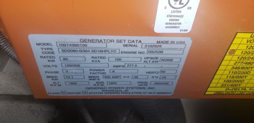Generac/John Deere 4045 HF 285 Generac/JD  gen set