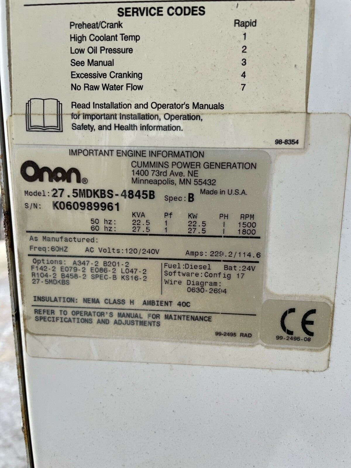 Onan 27.5 KW Onan  Used run t/o